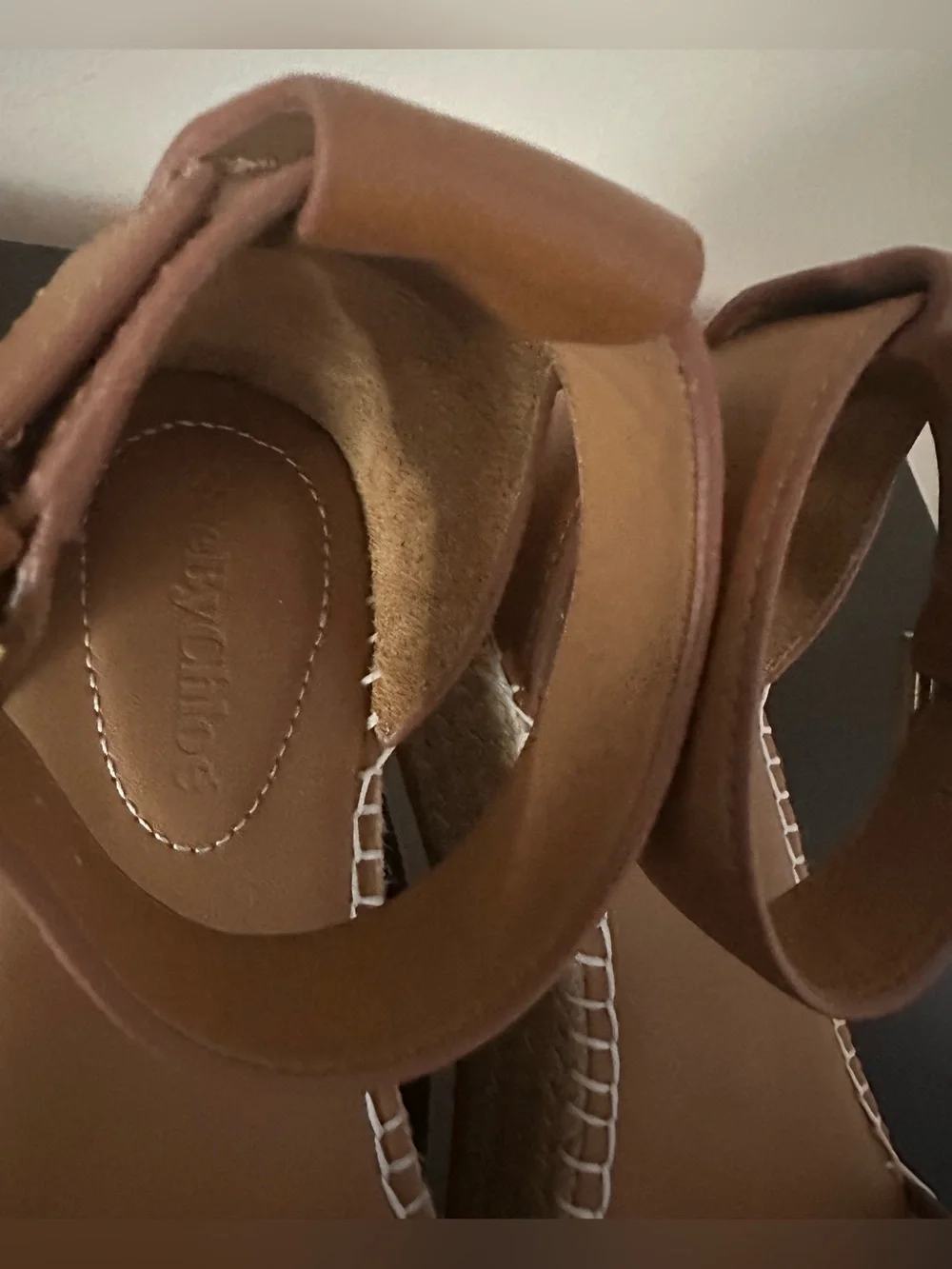 See by Chloé Tan Leather Espadrille Wedge Sandals with Ankle Strap